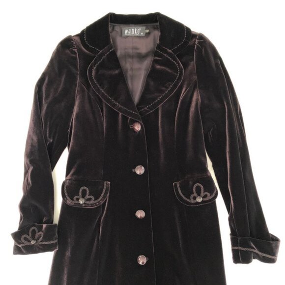 Wanko Vintage Notch Collar Lined Coat w Brocade embroidery Details Wine Sz 36 - Picture 13 of 13